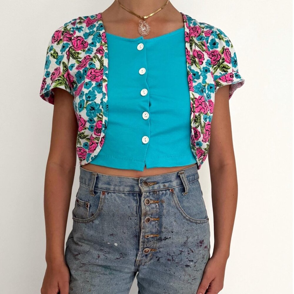 90s vintage colorful neon floral print retro summer button up crop top shirt